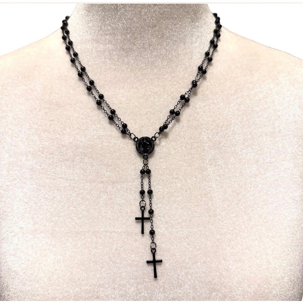 Black beaded rosary cross necklace with adjustable double strand chain - New